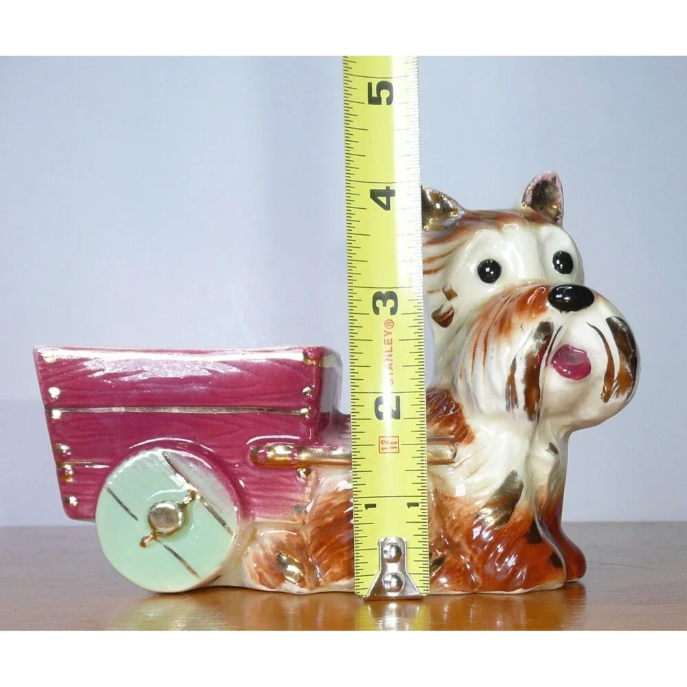 VTG MCM Scottie Terrier Dog Planter Vintage Royal Copley Wagon Cart Gold Trim